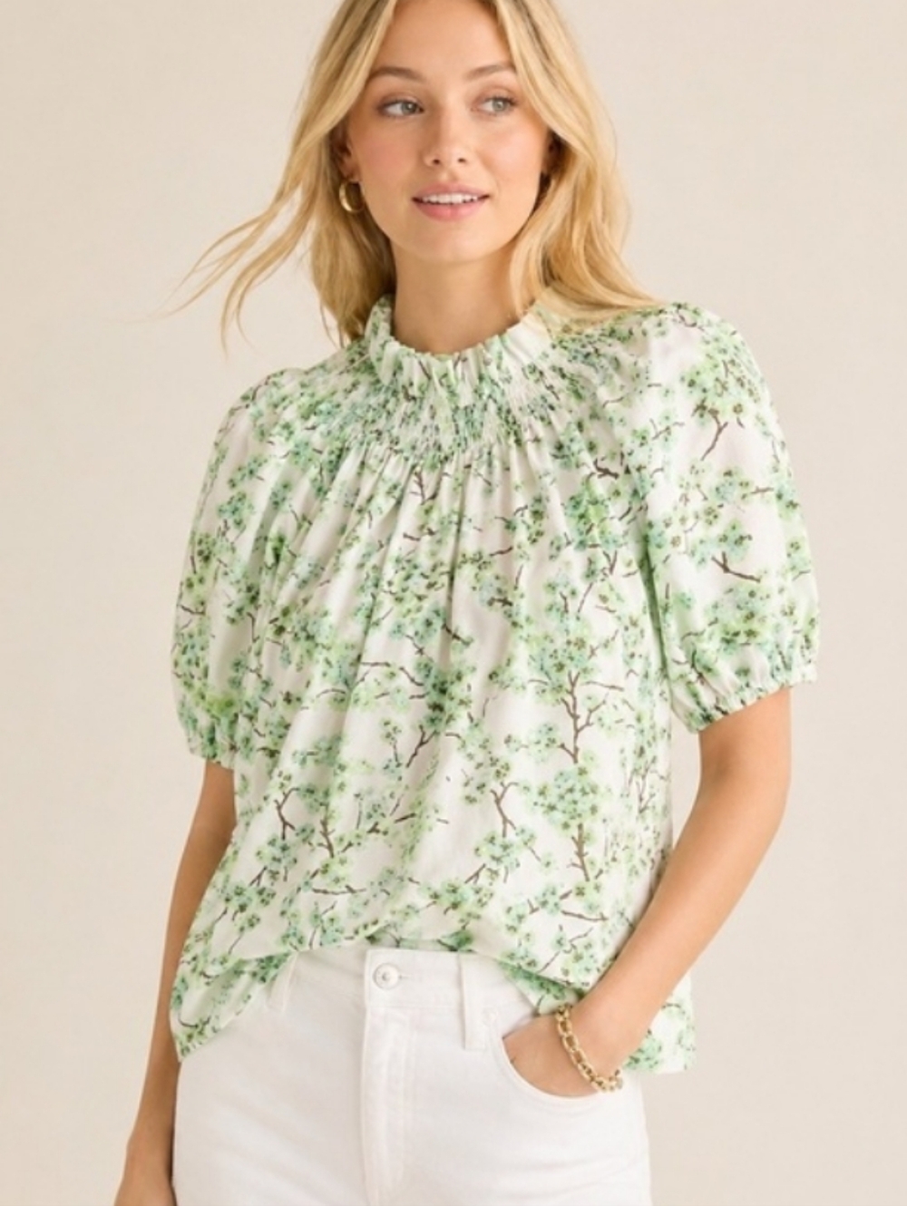 J. Crew Smoked Neck Puff Sleeve Top Green Cherry Blossom With Headband